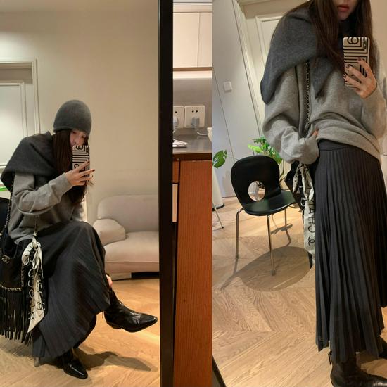 High-Waist Wool Pleated Midi Skirt, Slimming Fit, Textured, Korean Style