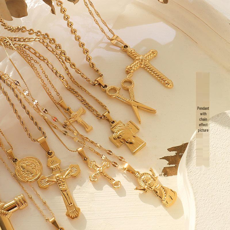 European & American Style Vintage Cross Necklace with Small Scissors Pendant - 18K Gold Plated Titanium Steel