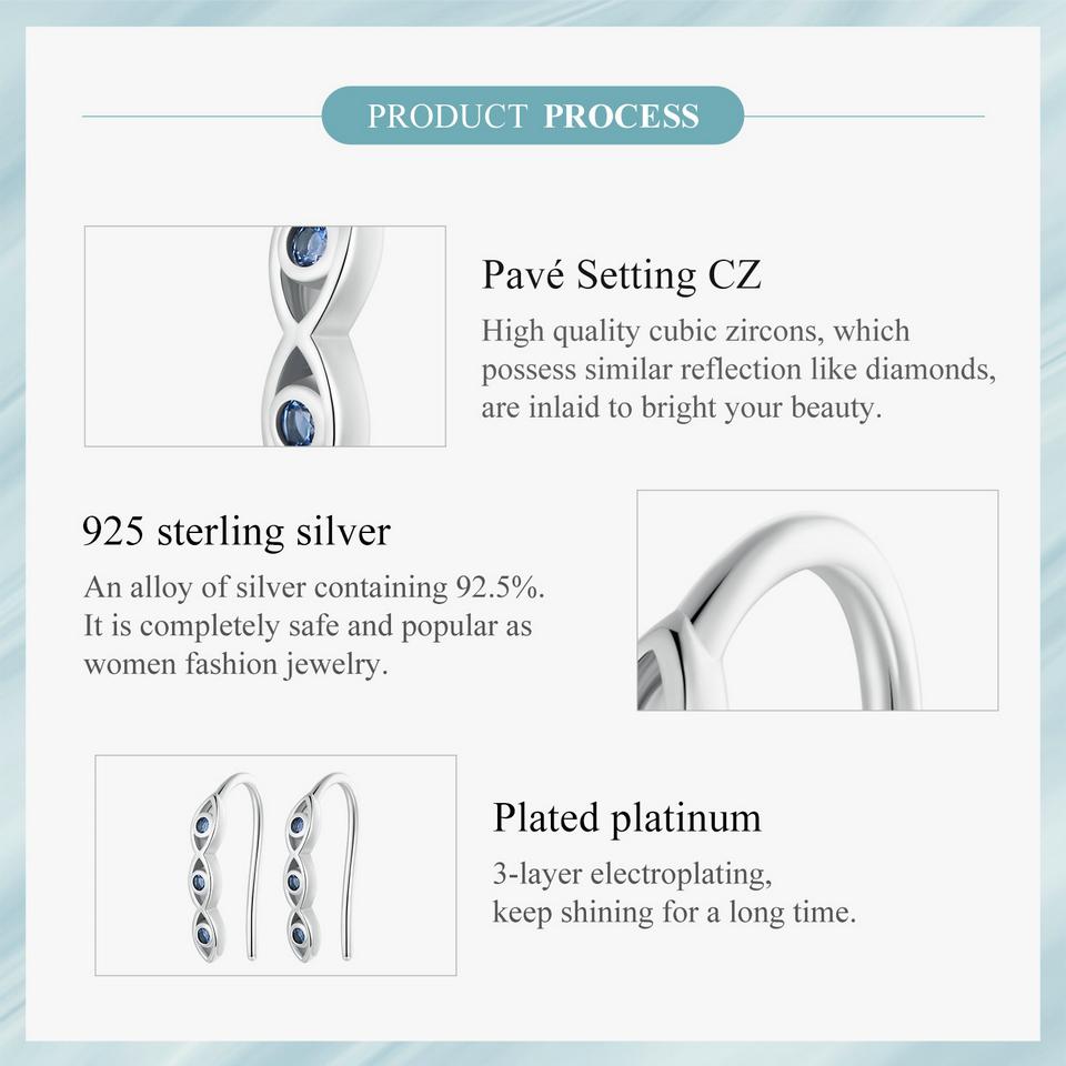 Three Devil's Eye Hook Earrings Blue Zircon 925 Sterling Silver Lucky Earrings Cuffs