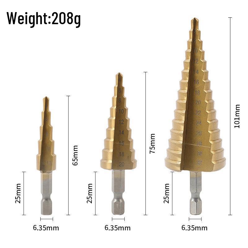 

Набор из 3 ступенчатых сверл Pagoda с титановым покрытием, метрических, с шестигранным хвостовиком