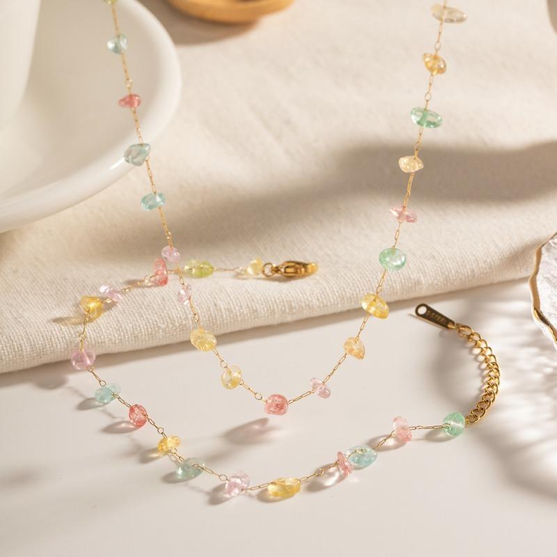 Women Colored Natural Stone Beaded Necklace And Bracelet Set Light Luxury Fashion Jewelry