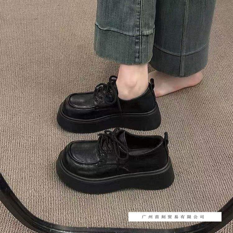 British style big head small leather shoes women's autumn black lace-up loafers retro single shoes