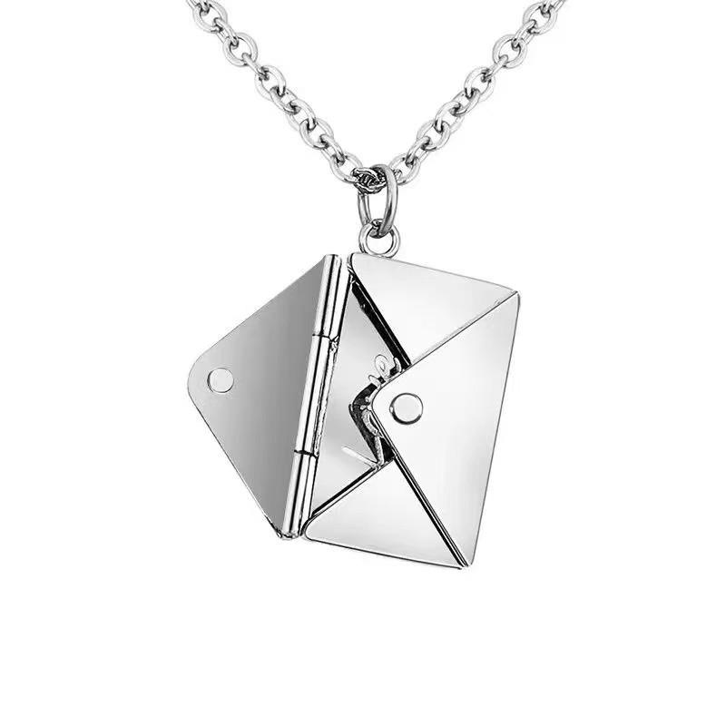 Love Letter Envelope Pendant Couple Necklace - European & American Style, Titanium Steel, Creative Design