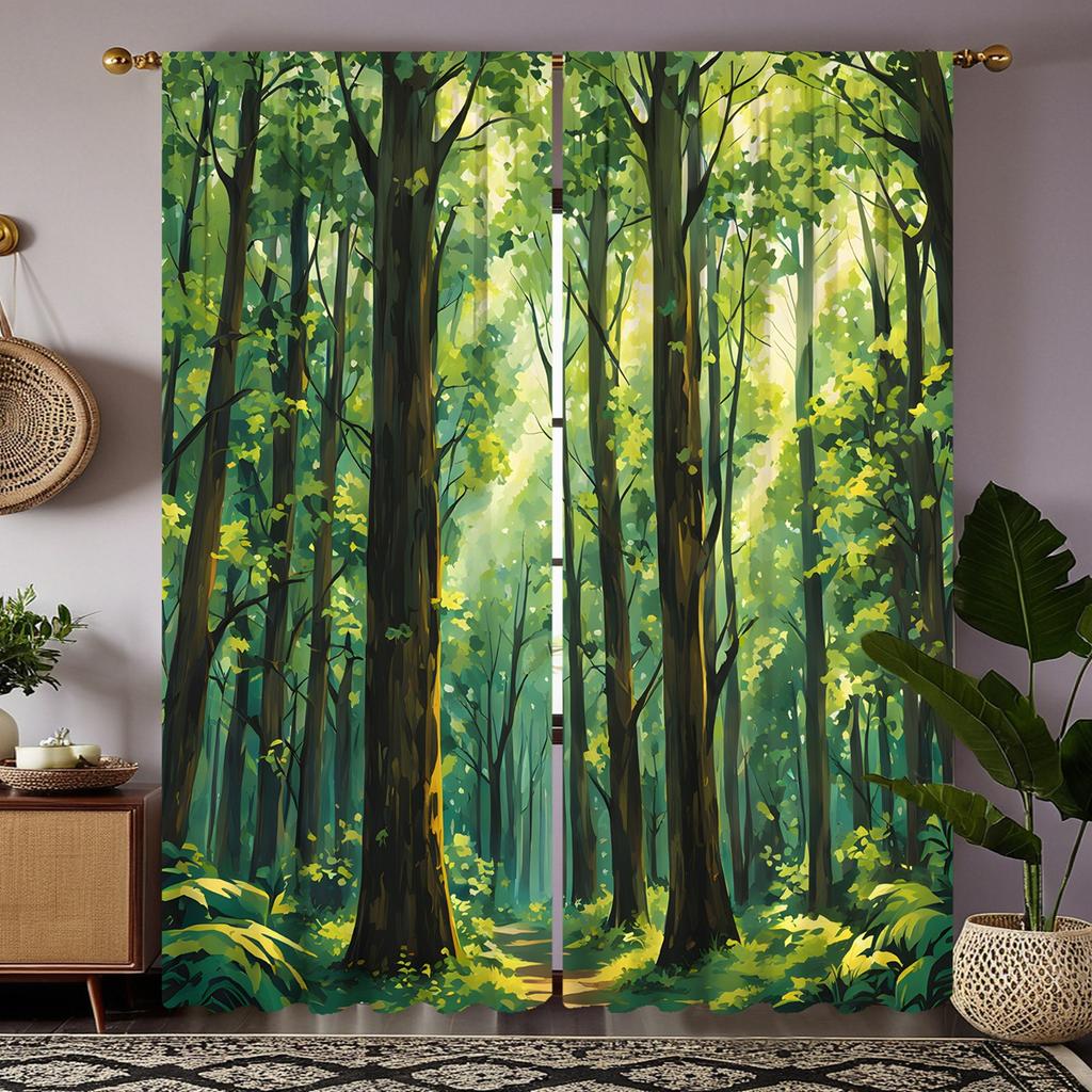 2pcs HD green forest decorative curtain Green digital printed curtain Home decoration style decoration living room bedroom th