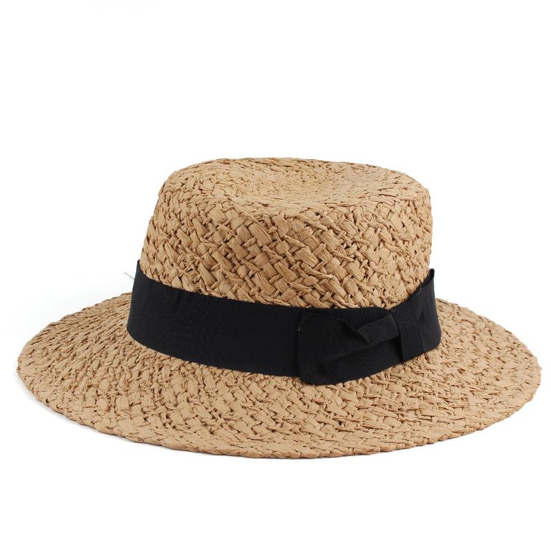 New spring and summer women's hand-woven straw hat simple casual hat British fashion top hat flat top sun hat