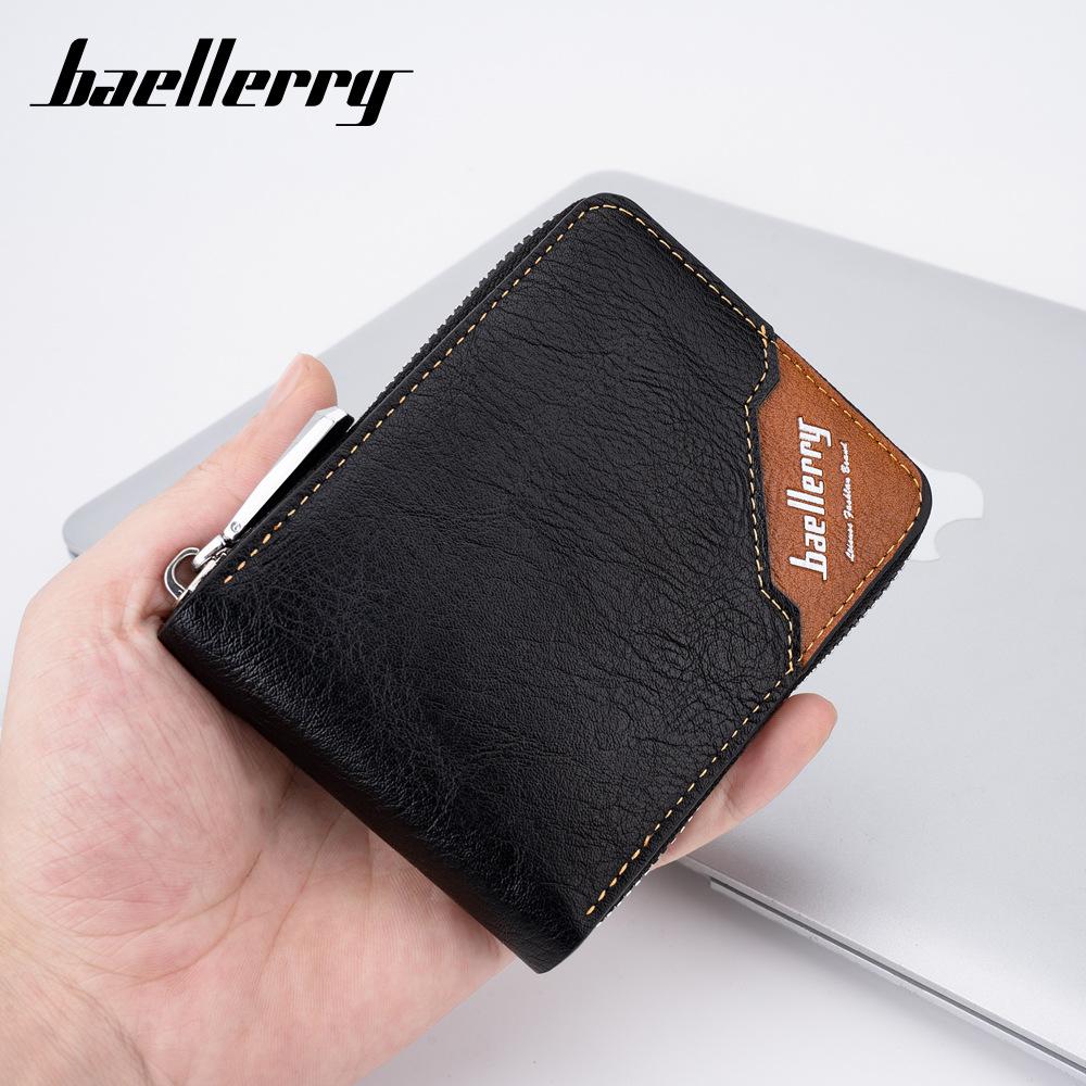 Baellerry Men's Color-blocking RFID Short Wallet Vintage Fashion Billfold Patchwork Horizontal Card Holder Zipper Coin Purse