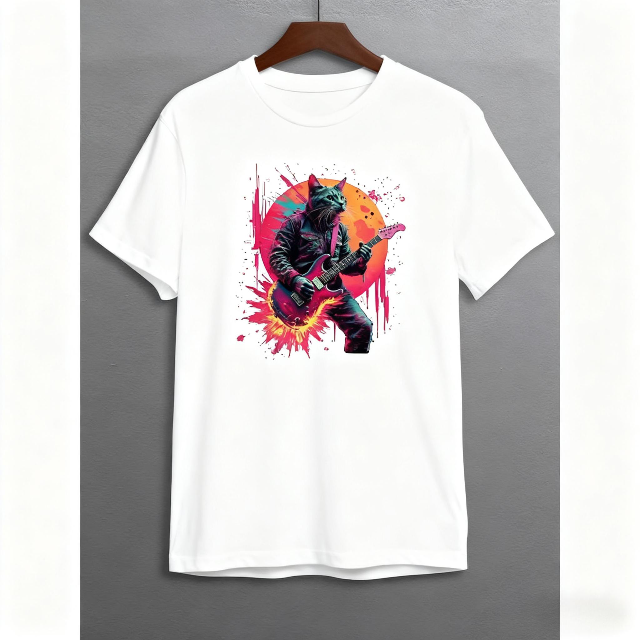 

Rock Guitar Cat Cat Crazy Theme T-shirt Pattern Men s T-shirt Pure Cotton Fashion Street Harajuku Style Plus-size Loose Top 4XL