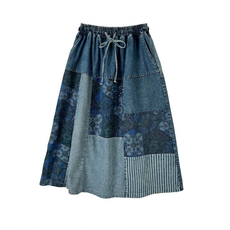 Plus Size Summer Denim Skirts Women Clothing Blue Elastic Vintage A-Line Jeans Skirt High Waist