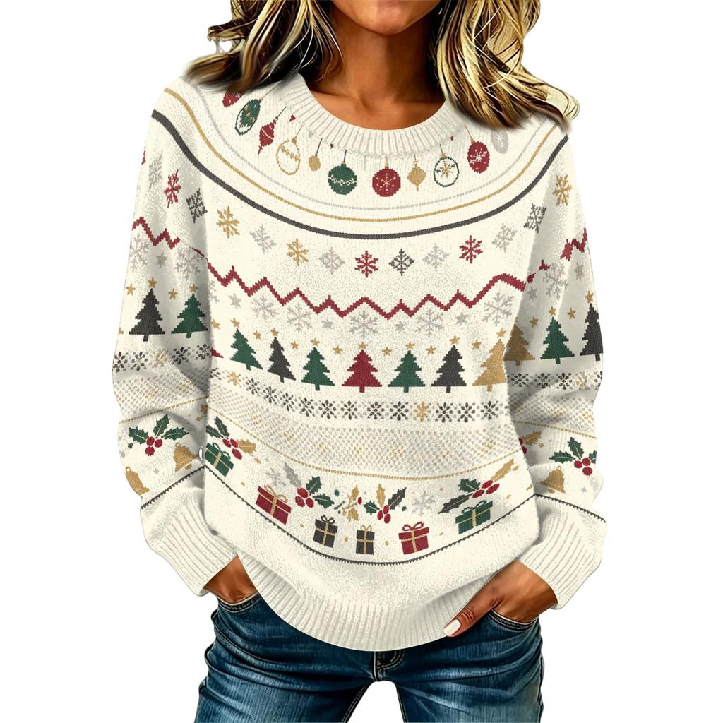Maglione Pullover da Donna Casual Elegante a Manica Lunga con Collo Alto e Stampa Natalizia
