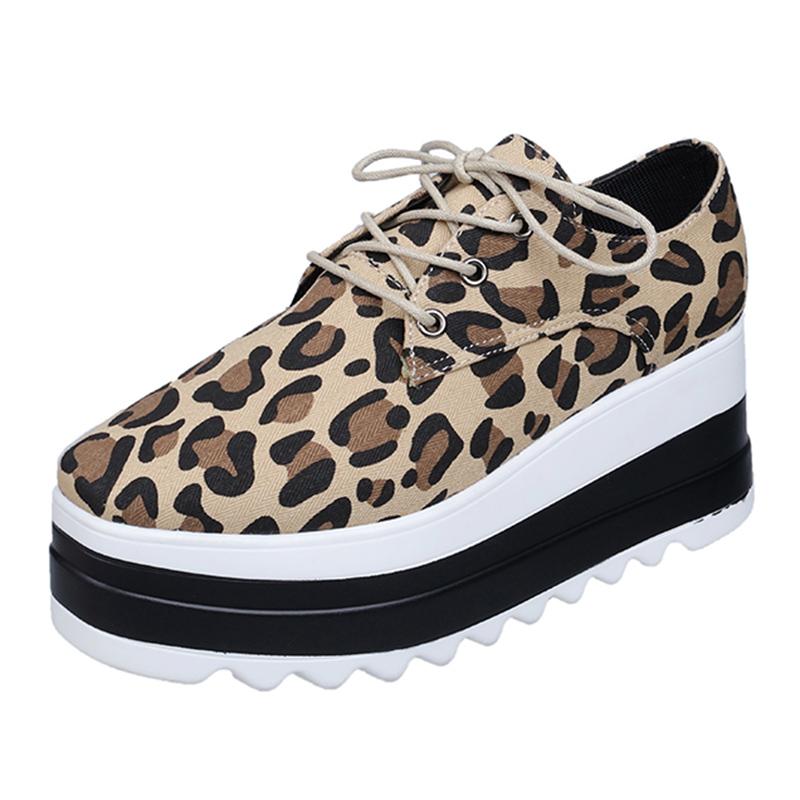 fashion Women's Round Toe Leopard Print Oxfords Lace Up Chunky Platform Casual Shoes Woman Thick Bottom Non Slip Trainers Plus Size 43
