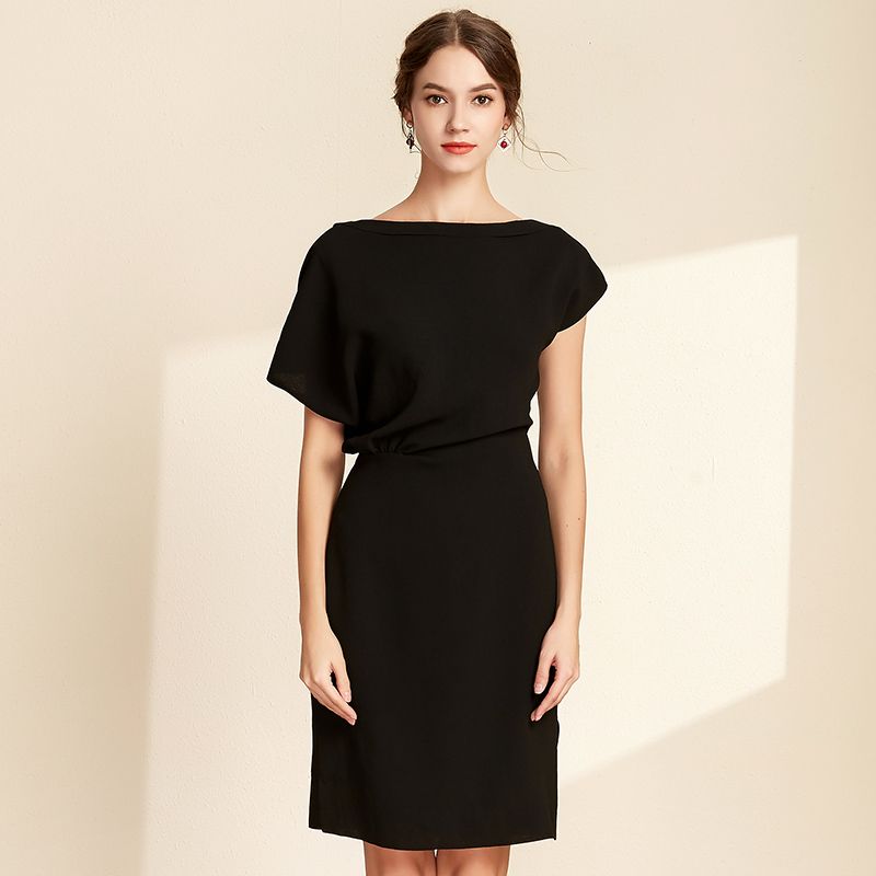 

2025 Summer New Arrival Women s Clothing Elegant Graceful Business Ol off-Neck Temperament Slim Looking Hepburn Black Dress Dress Black S