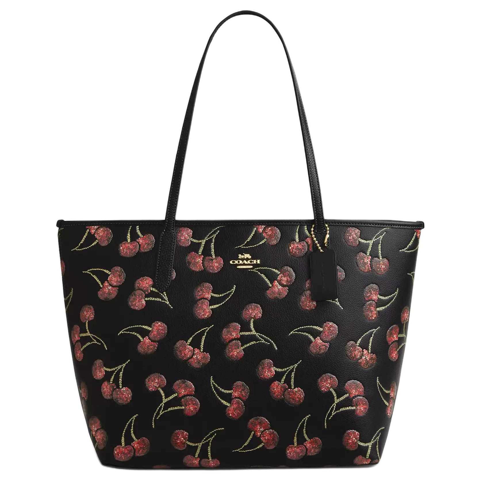 Coach Black Leather Cherry Print Large Tote Shoulder Bag for Daily Use Basic Set (Bag+Dust Bag)