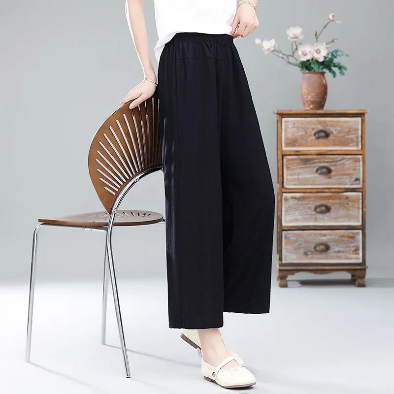 

Жіночі літні бавовняні штани великих розмірів вільні піжами штани універсальні повсякденні лляні штани з високою талією L чорний