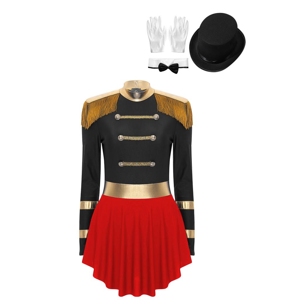 Womens Circus Ringmaster Costume Set Mock Neck Patchwork Bodysuit Complete Hat Bow Collar Gloves