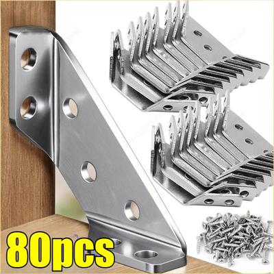 80PCS Corner Brackets Stainless Steel Furniture Angle Shelf Connector Cabinet Support Fixing Frame Corner Brace with Screw