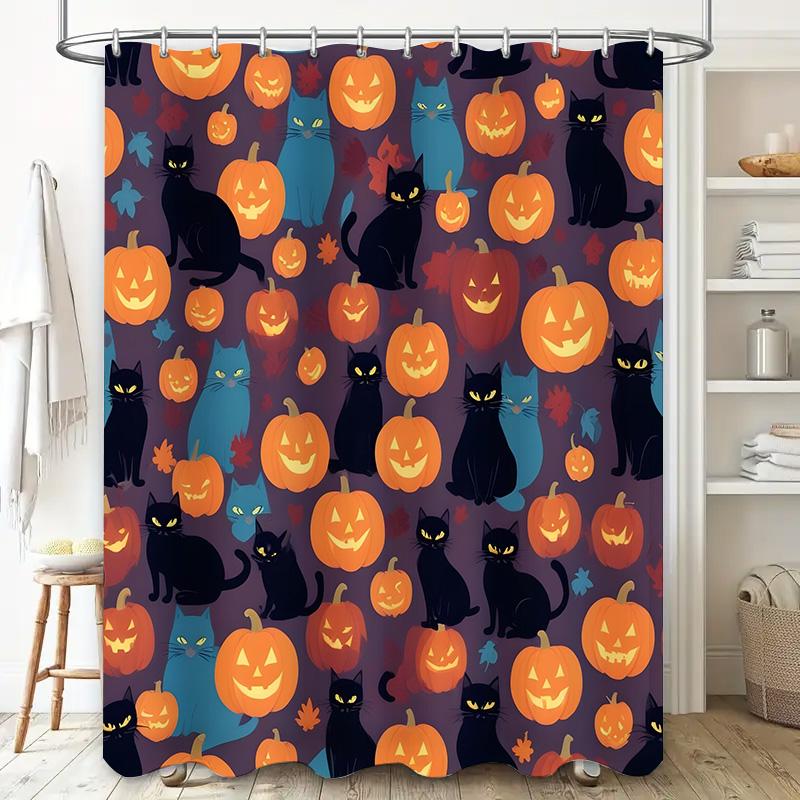 Halloween Decor Shower Curtain with Orange Jack-O-Lanterns Black Cats Bathtub Waterproof Fabric Bathroom Decorative Window Drape