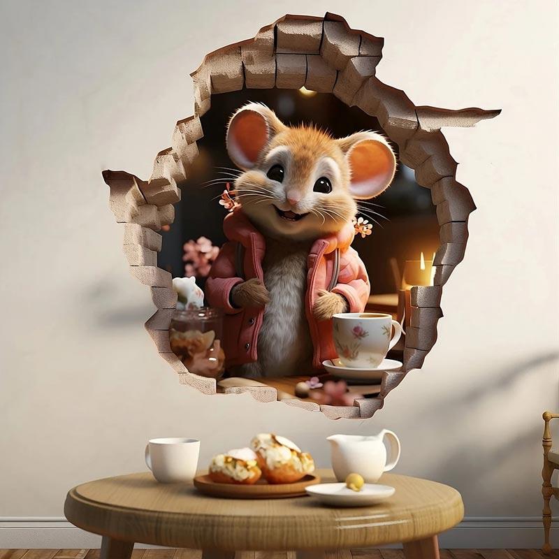 Süßer Mauseloch Wandaufkleber, Koffein-Enthusiast Maus Kaffeepause im Mauseloch Aufkleber, Maus singend Wasserdichte Dekor Aufkleber M734