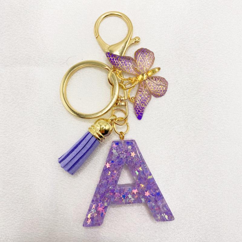 26-Letter Alphabet Resin Keychain with Star Sequins & Tassel Charm