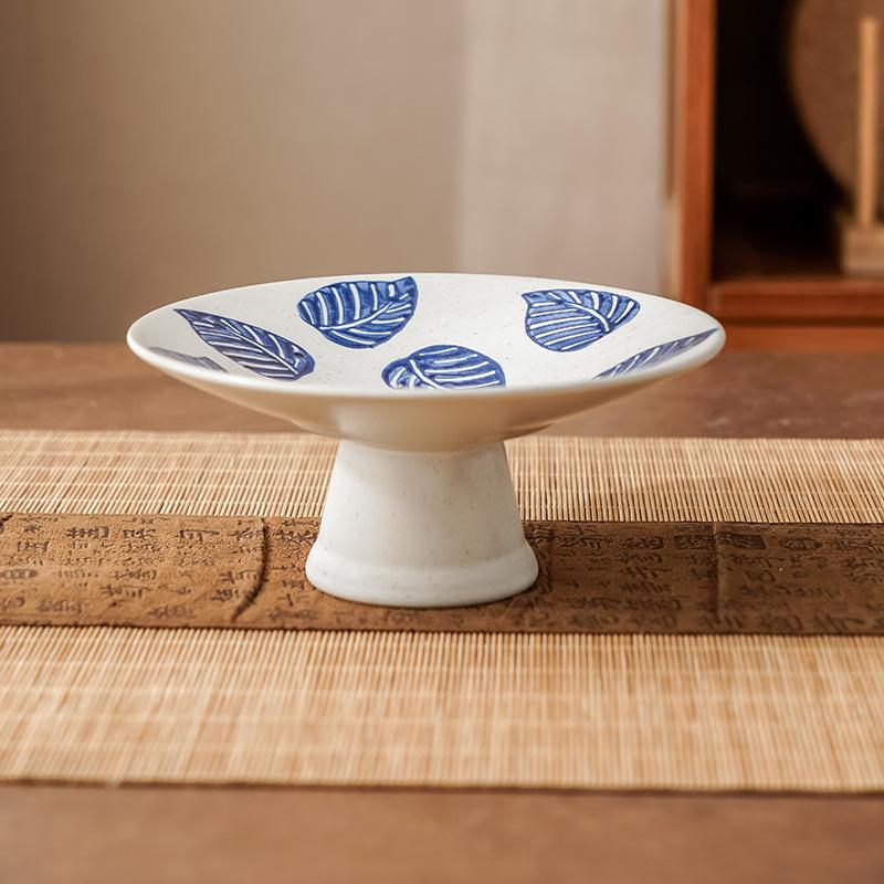 Japanese Ceramic Pedestal Bowl Hand-Painted Blue White Snack Plate Elegant Dessert Stand forTea Minimalist Cake Plate