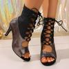 Rhinestone Block Heel, Pointed Toe, Black Butterfly Fashion Mesh Cutout Women's Fashion Shoes