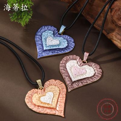 New Enamel Color Love Leather Rope Long Pendant, Women's Exaggerated Heart-shaped Versatile Heart-shaped Long Necklace