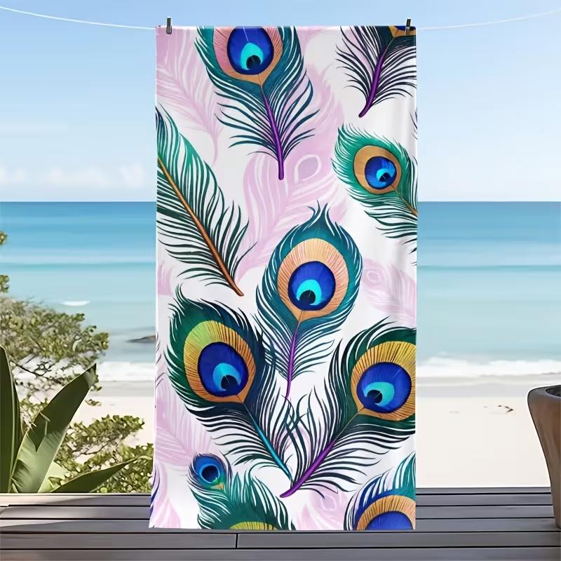 Peacock Feather Print Beach Towel  Luxurious Peacock Feather Pattern Quick Dry Sand-Free Absorbent Soft Towel for Summer Travel