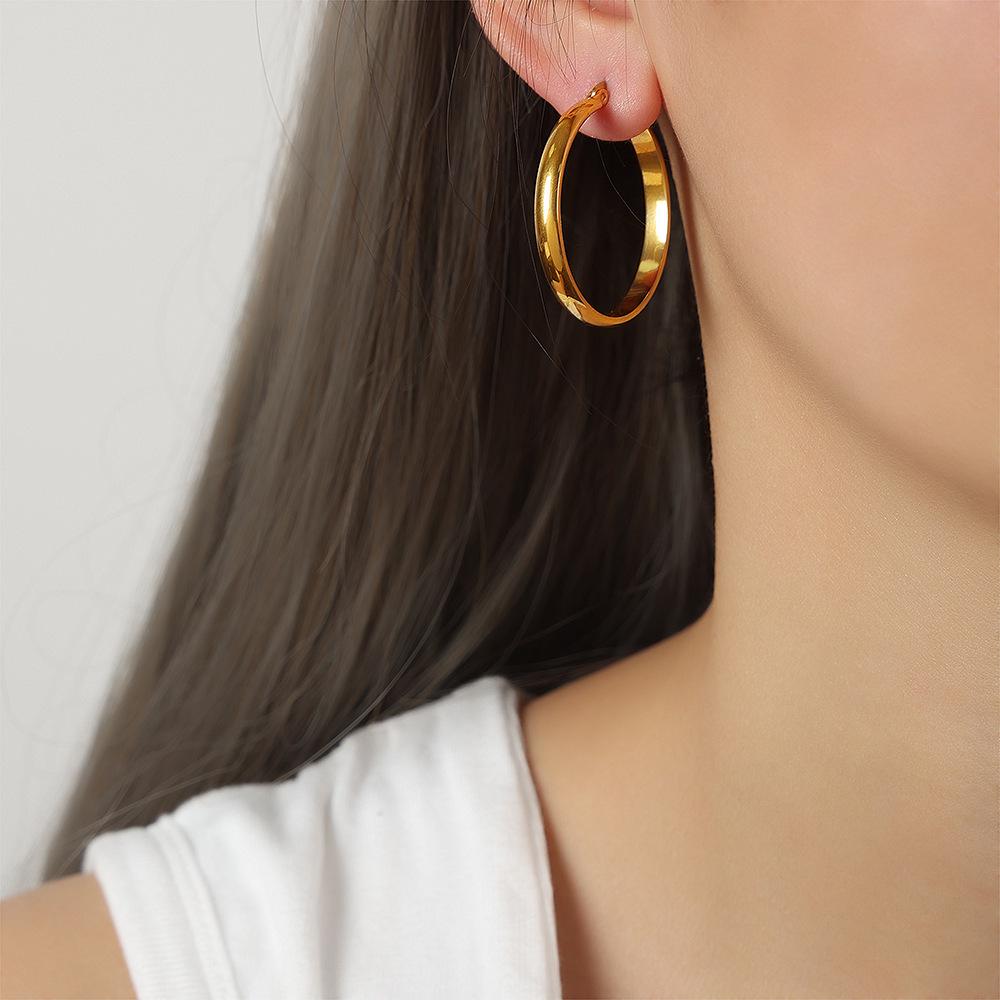French Retro Geometric 18K Gold Hoop Earrings in Titanium Steel for Women