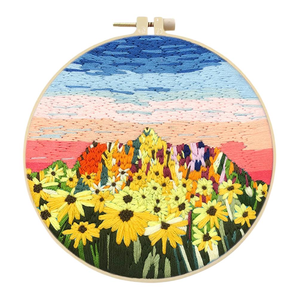 Flowers Stamped Cross Stitch Embroidery Kits with Hoop Cloth Color Thread