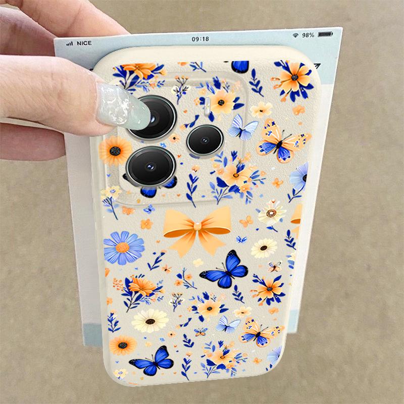 Blue Butterfly Floral Pattern Case For Xiaomi 14T 13T 11T Pro Funda Redmi Note 14 13 12 11 Pro 5G 4G Leather Texture Silicone Cover