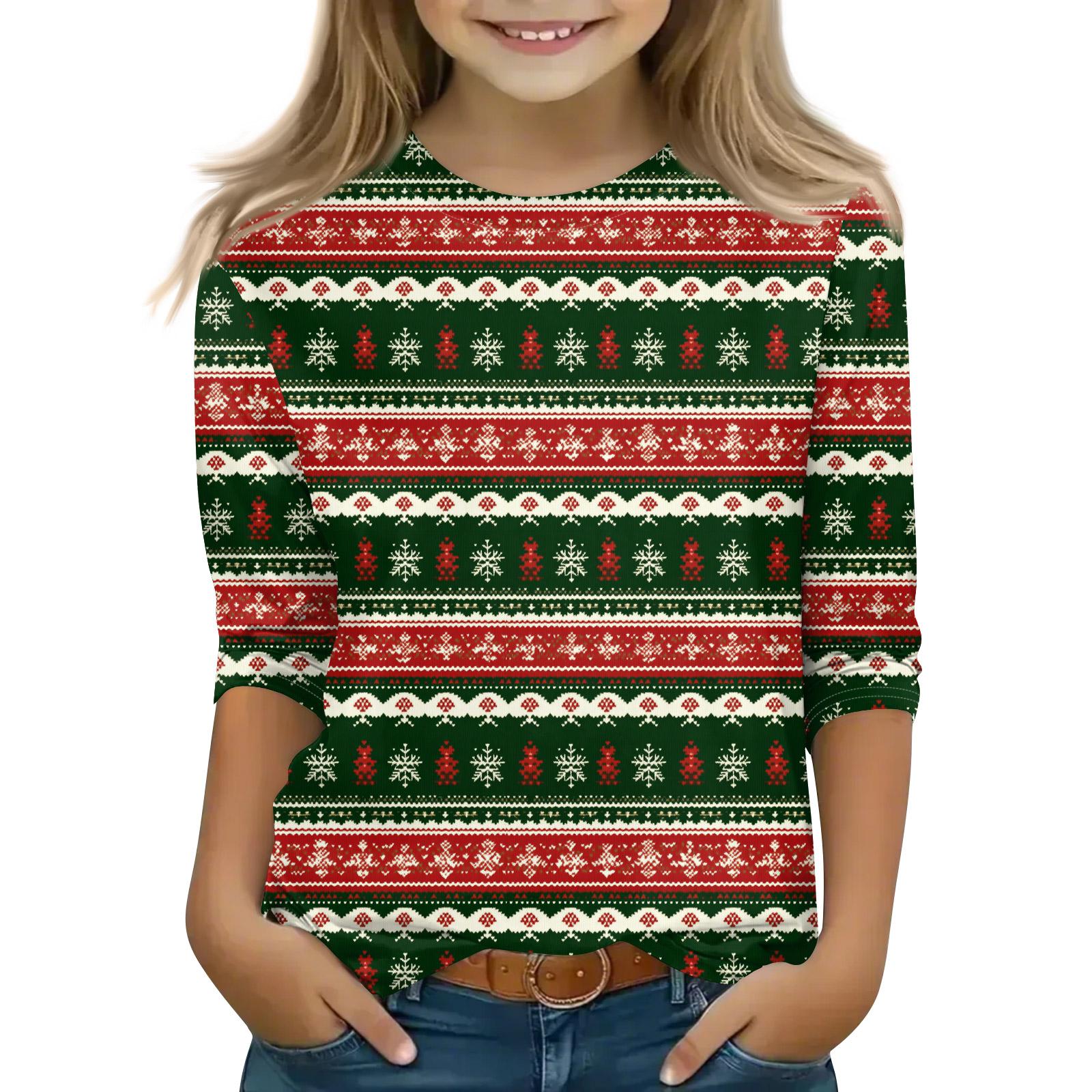 

Рождественские топы с принтом для девочек-подростков 5-16 лет, футболки с круглым вырезом и рукавами 3/4, модные топы, нарядные футболки 160