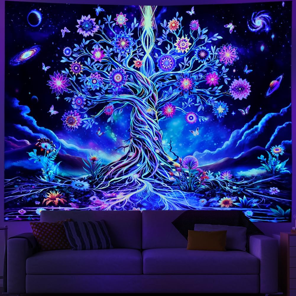 Ameyahud Blacklight Tree of Life Tapestry UV Reactive Neon Tree Tapestry Galaxy Space Tapestries Flower Floral Aesthetic Tapestries Fantasy Forest