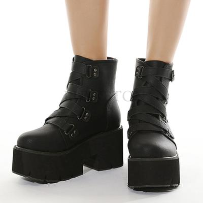 Woman Comfortable Spring Autumn Ankle Boots Women Platform Boots Rubber Sole Buckle Black Leather High Heels Shoes