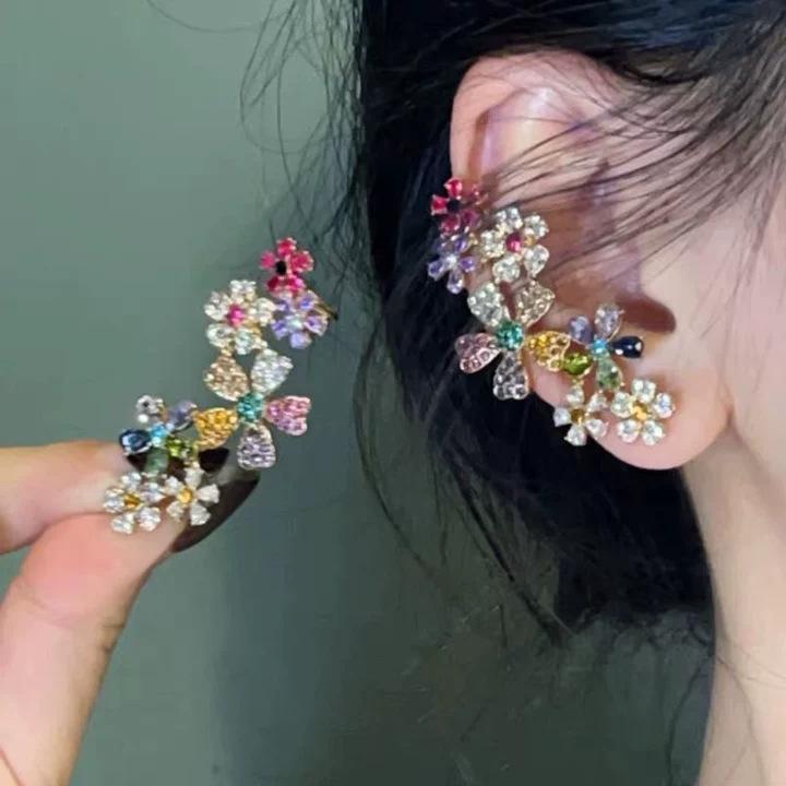 Luxury Rhinestone Flower Ear Clip: Gold-Plated Silver, No Piercing Needed
