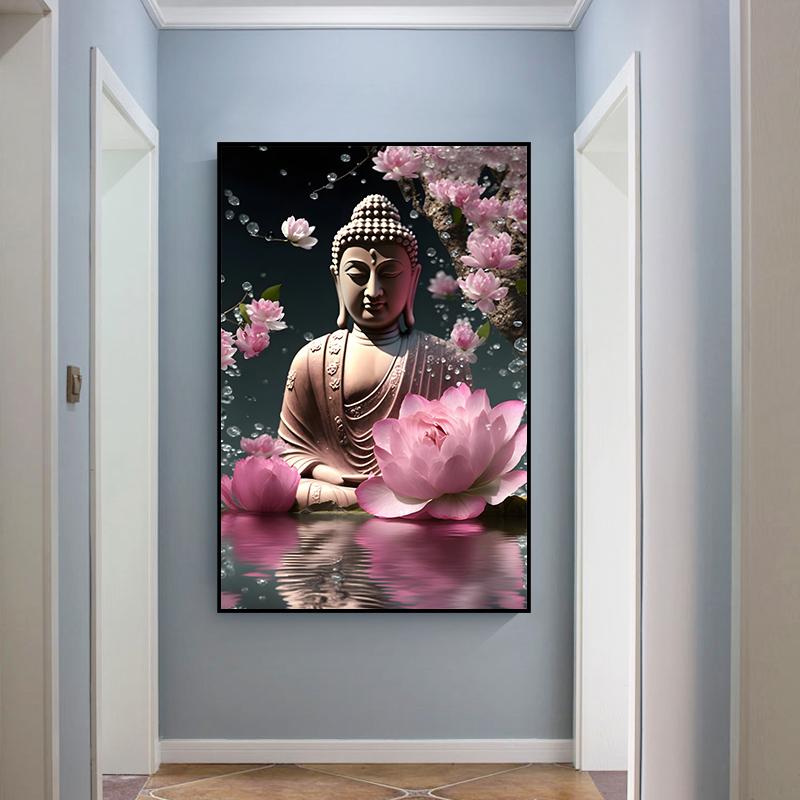 Vintage Buddha Canvas Painting, Cherry Blossoms Poster Wall Art, Temple Golden Statue of Buddha Prints, Office Living Room Decor