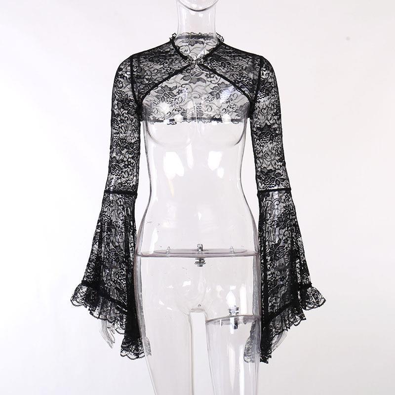 JY22221 Bell Sleeve Lace Hollow-Out Silk Cardigan for Women - European & American Autumn/Winter Fashion