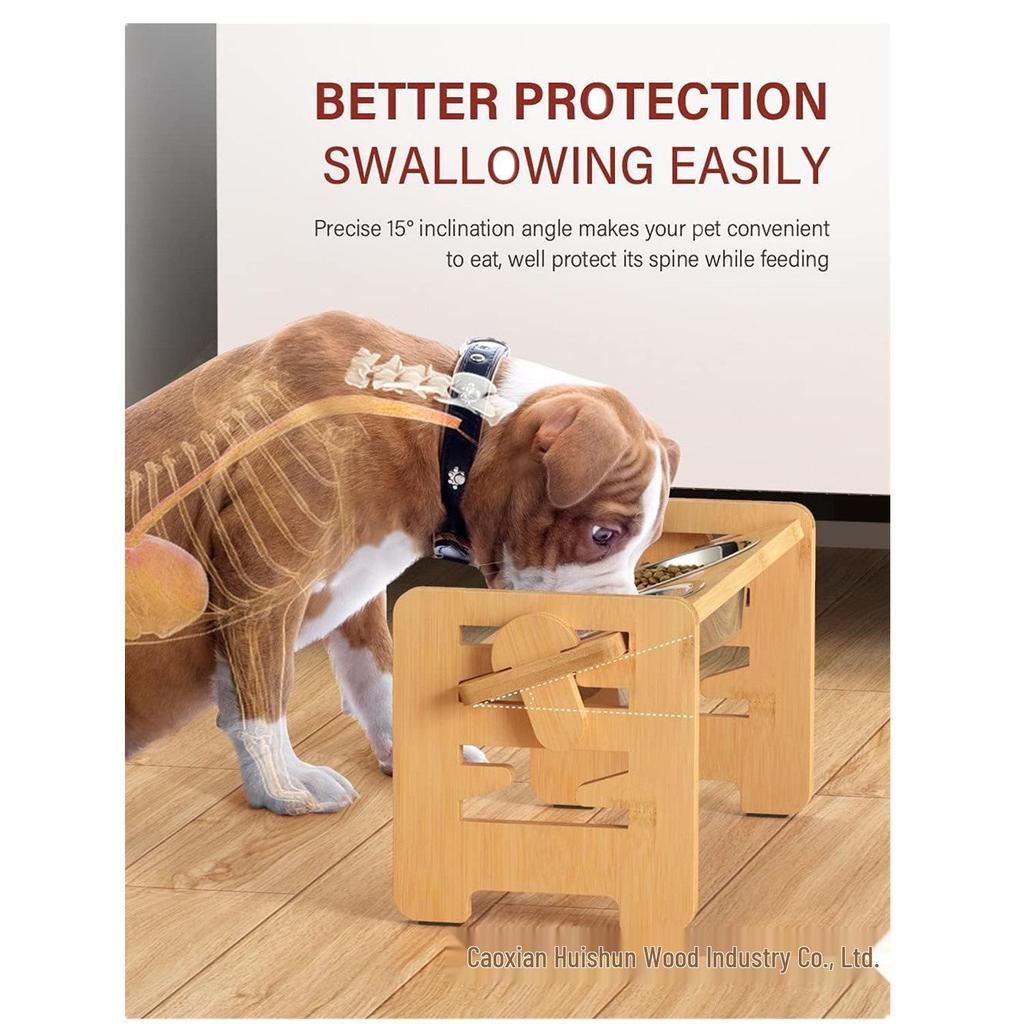 Adjustable Bamboo Wood Double Bowl Stand for Cats and Dogs - Elevate Pet Feeders for Neck Protection