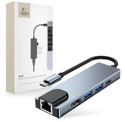 5w1 HUB Rozdzielacz USB-C Na USB-C USB-A HDMI RJ45 - Szary