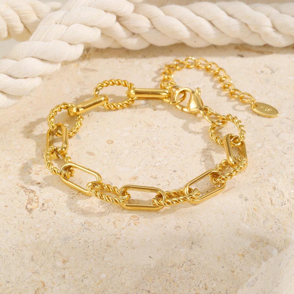 Prjewel Stainless Steel Handmade Chain Bracelets Gold Color Thick Oval Twist Bracelet For Women Trendy Jewelry Mother's Day Gift