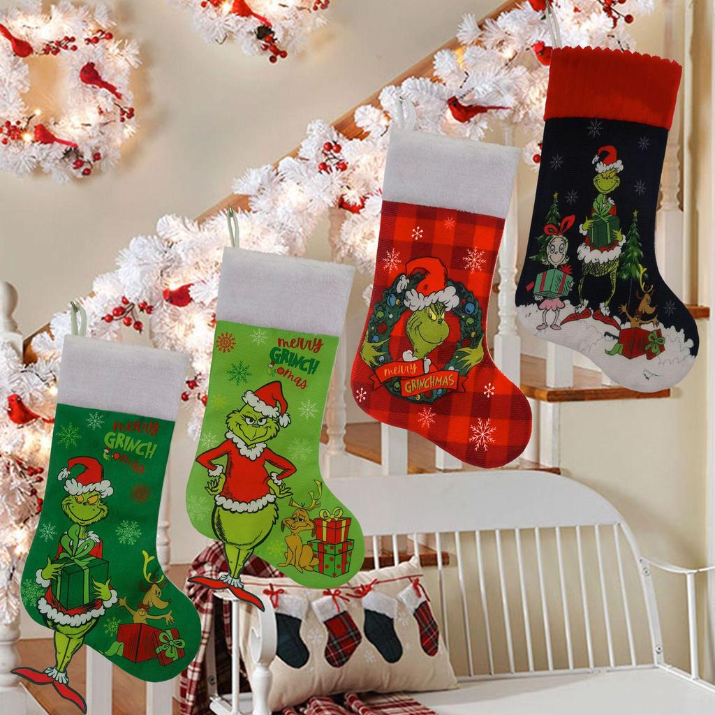 Grinch Christmas Stocking: Green Furry Monster Candy Bag & Tree Ornament