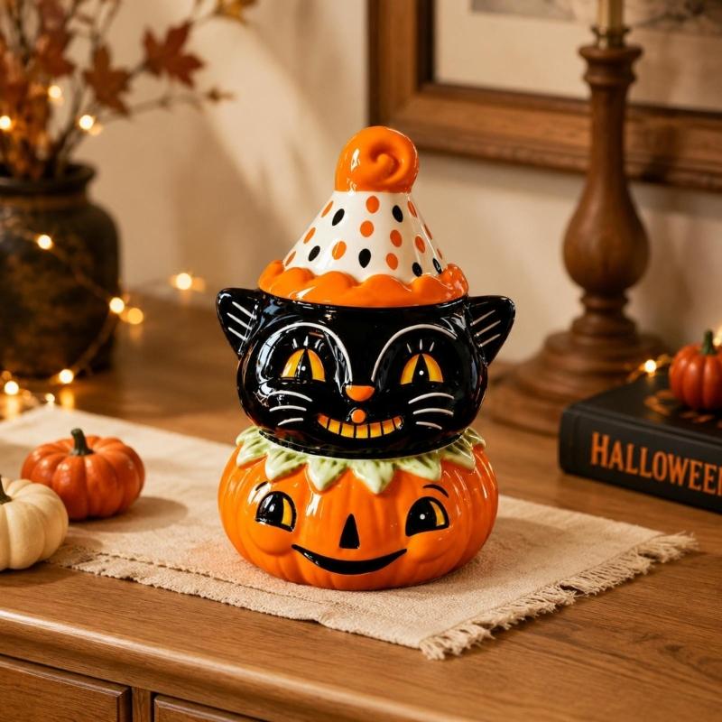 Halloween Tischdekorationen Katzenfiguren mit Kürbisakzent, Glattes Schwarzes Saisonales Regalornament für Kaminsims Eingangsbereich Party-Styling Innenräume