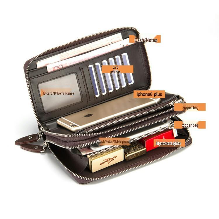 Men's High-Capacity Luxury Wallet and Phone Bag with Double Zipper and Multiple Card Slots
