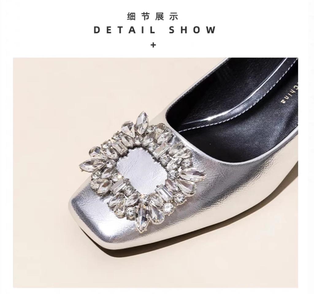 French Temperament Silver High Heels Women Soft Leather 2024 Spring and Autumn New Thick Heel Square Head Crystal Single Shoes