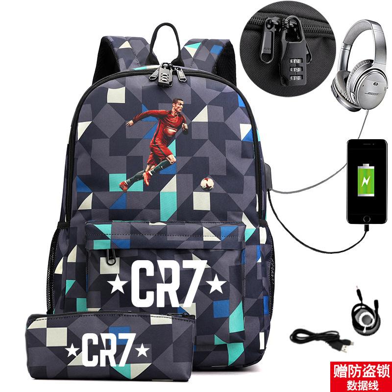 Star Peripheral Printing Cr7 Schoolbag Leisure Travel Multi-Functional Backpack Student Pencil Case Two-Piece Set