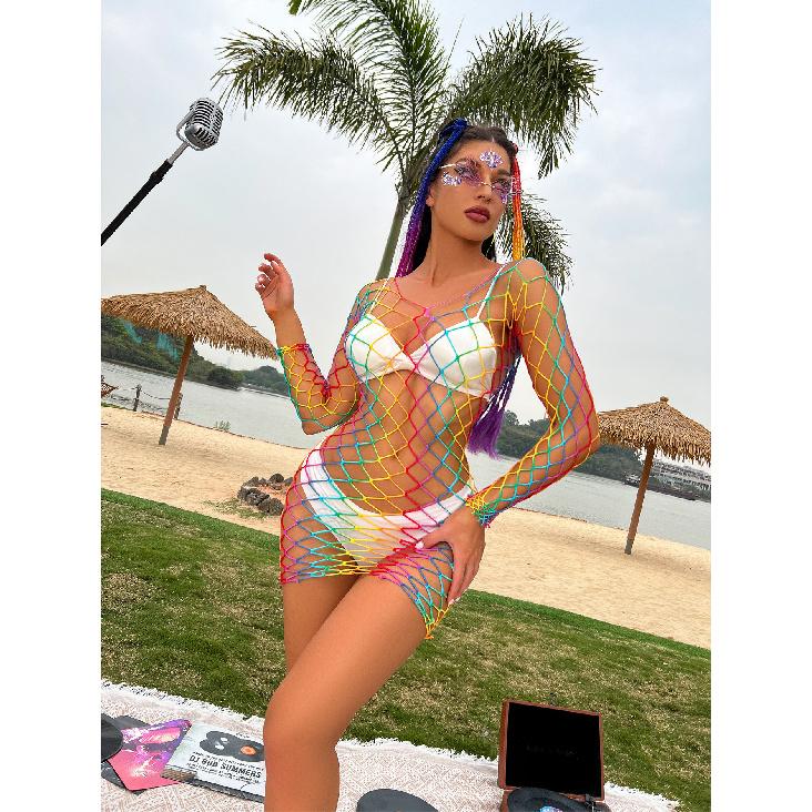 Rainbow Fishnet Plus Dress Crotch Big Hole Mesh Underwear Lingerie Games Sexy Asymmetric Short Teddy Bodysuit Women Night