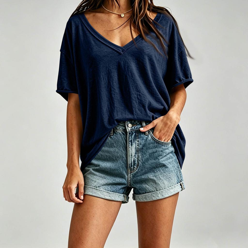 Women's Casual V Neck Loose Fit Plain Oversized Drop Shoulder Top Lightweight Soft Fabric Summer Tee Shirt for Everyday Wear