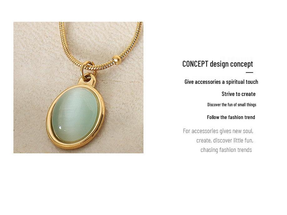 French Retro Clavicle Chain Necklace: 18k Gold-Plated Titanium Steel with Cat's Eye Oval Pendant for Women