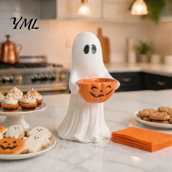 Kid Friendly Halloween Ornaments Resin Ghost Statue with Pumpkin Candy Bowl, Cute Figurine, Trick Multi Functional Storage Figure or Treat Holder for