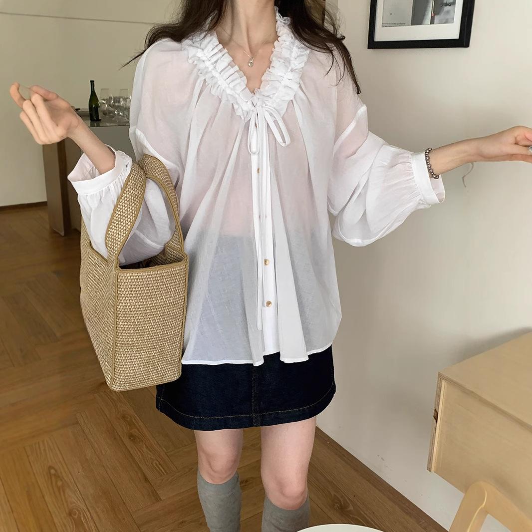 

Французская Премиум Плиссированная Рубашка с V-образным Вырезом Женская M белый