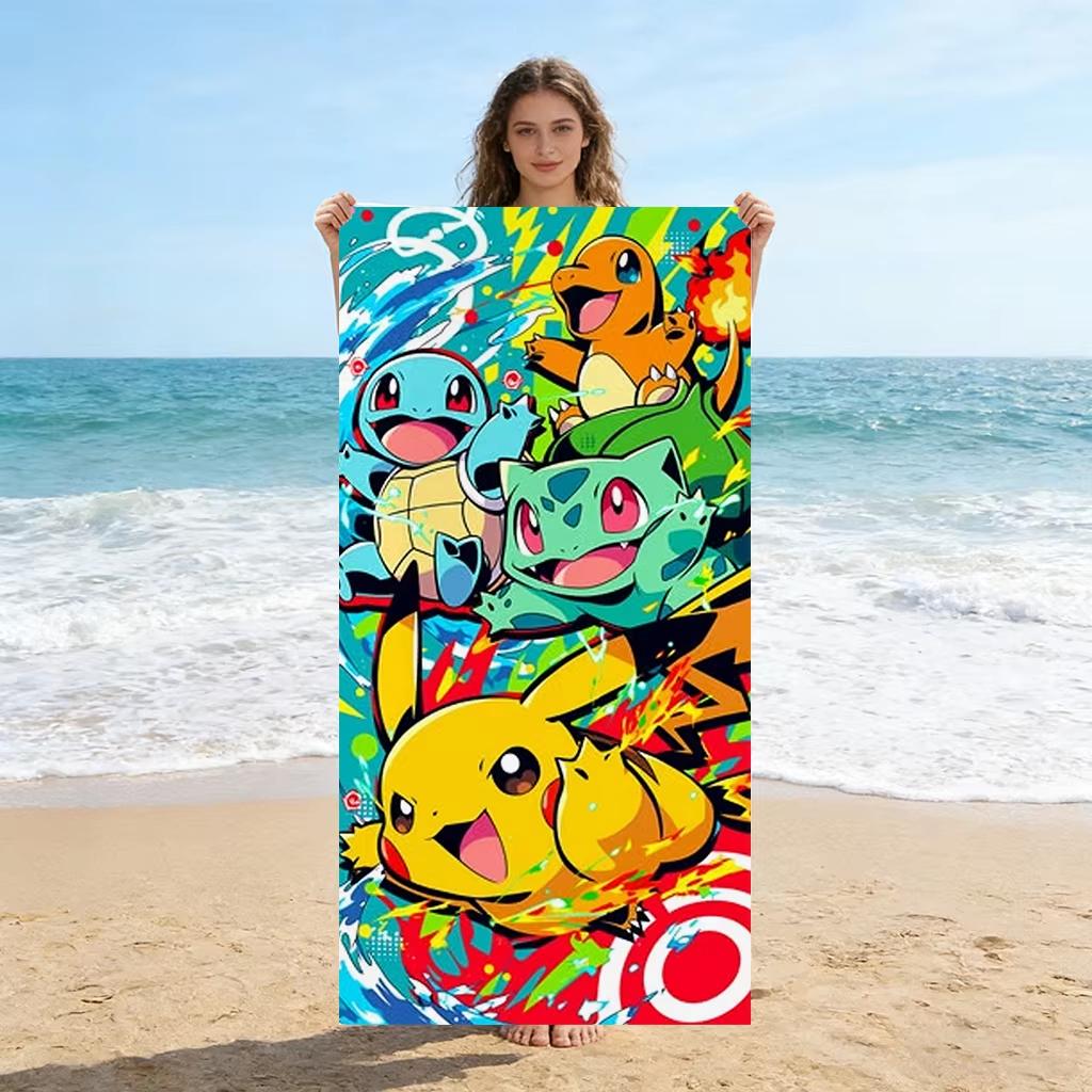 Vibrant Graffiti Pokemon Graphic Beach Towel,Microfiber Durable, Home Decor Gift, Pikachu&Starters Print Oversized Bath Towel 40x60cm