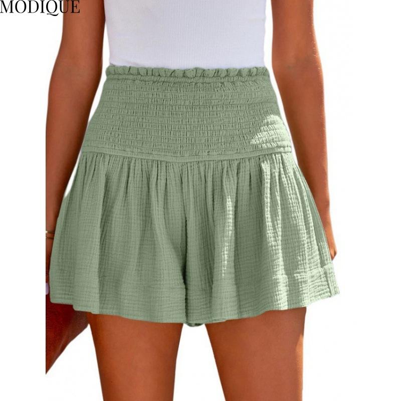 

MODIQUE 2025 Новые горячие женские повседневные льняные однотонные брюки с высокой талией и складками три четверти, женские свободные базовые эластичные широкие шорты XXL светло-зеленый